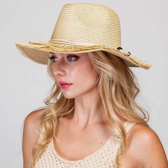 Unique Beige Fedora Pinched Brim Fringed Classic Panama Style Straw Hat Beads - Picture 1 of 2